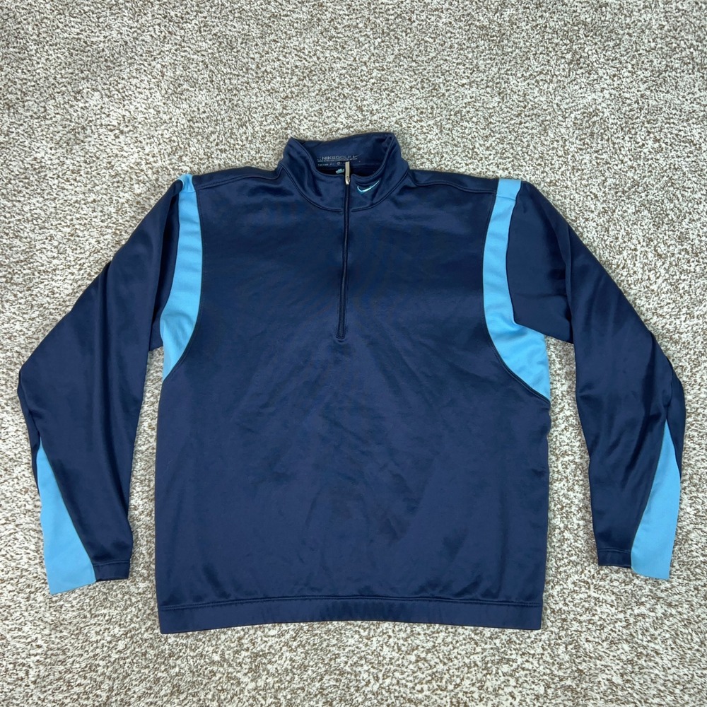 Nike Golf Pullover Men Medium Blue Therma FIT 1/4 Zip Sweatshirt Outdoors Swoosh